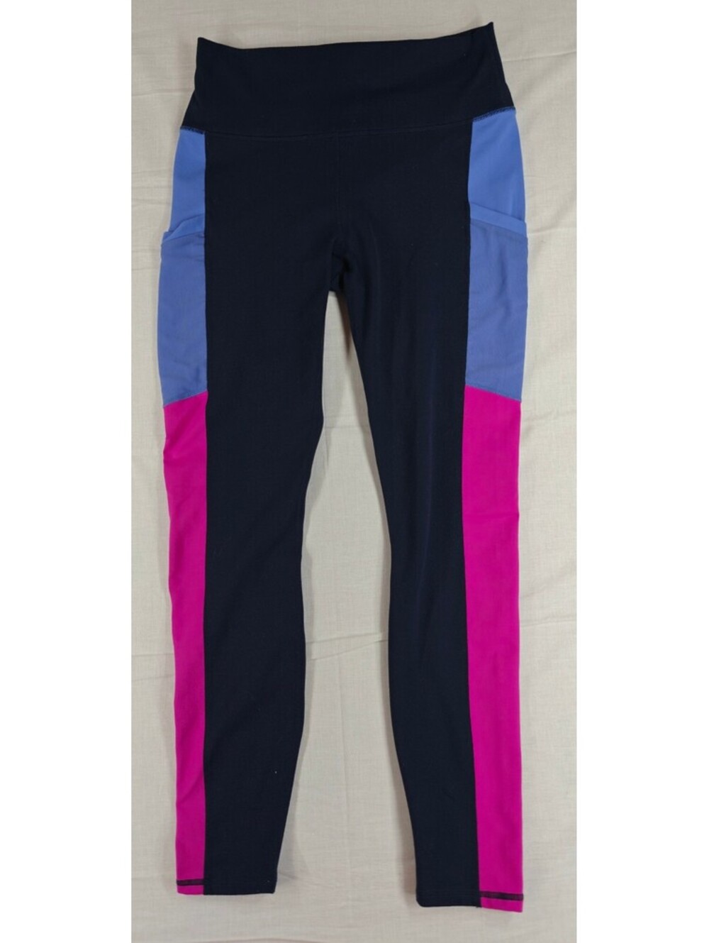Fabletics PowerHold Women’s Black Pink Blue Colorblock Pocket Leggings Size S